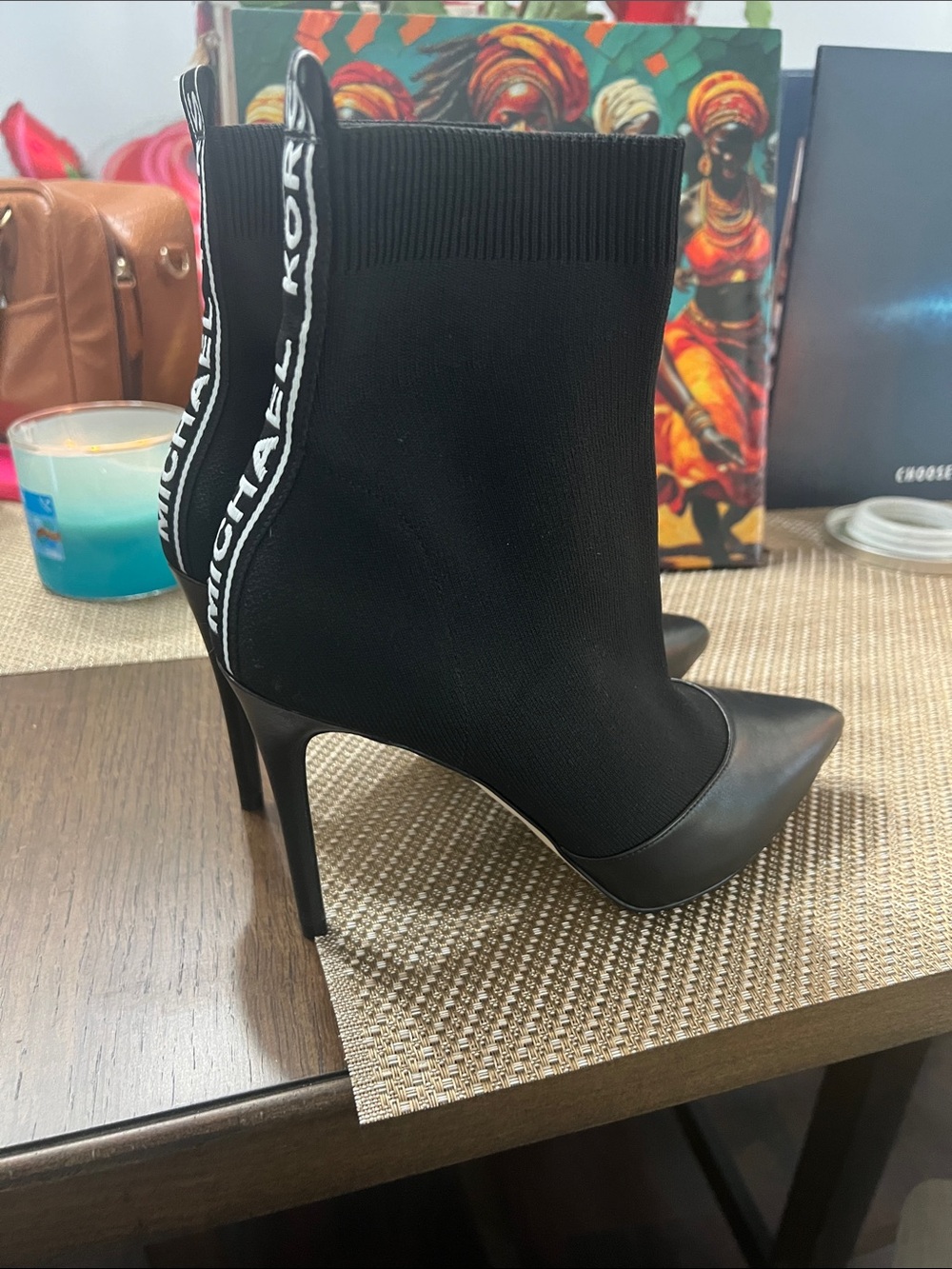 Michael Kors Black Pointed Toe Stretch Sock Booties with Logo Heel Tab